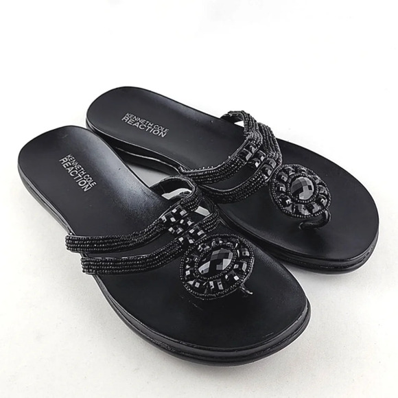 Kenneth Cole Reaction Shoes - Kenneth Cole Reaction Women's Black  Glam Slam Flat Sandals Beaded Thong Size 8